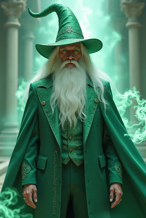 An albino man with long hair and a light beard, green eyes, a mint green tuxedo, a green wizard hat 