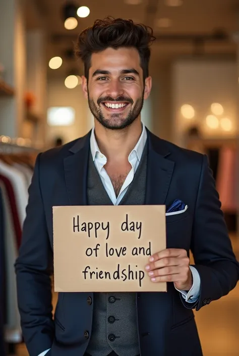 A cute boy named Duvan, occupation: commercial advisor for a clothing store, Arturo Calle, high wavy hair , white skin beautiful smile with a sign that says happy day of love and friendship Duvan 