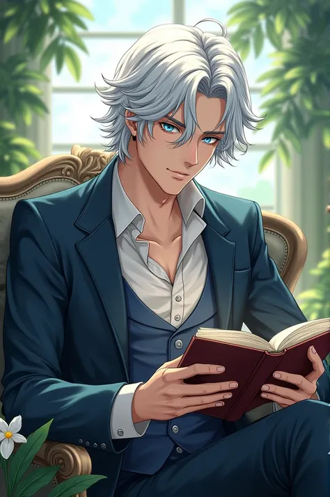 Male character with wavy white hair and blue eyes reading a book sitting on a beautiful afternoon