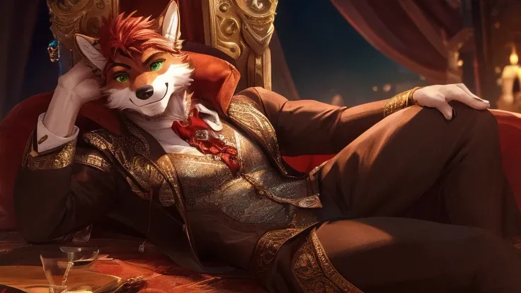 A red-haired man with green eyes., of robust and masculine build, He stands looking at the viewer with a warm smile. He is dressed in an elegant outfit that accentuates his figure., complemented by wolf ears and a fluffy red wolf tail that adds a unique to...