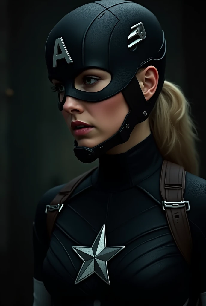 Give me a Female Captain America only her face of side profile angle with a angry expresion with helmet
