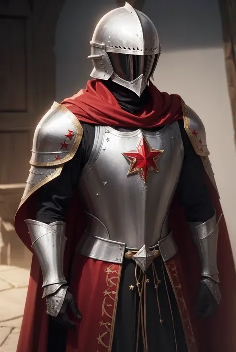 1 man, knight in Lothric knight armor, a red cape, a red tabard with a star decoration, head covered by a helmet, helmet bascinet with visor