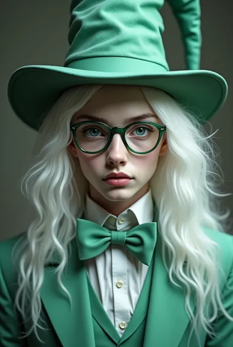 An albino man with long hair, green eyes, glasses, a mint green tuxedo, a green wizard hat 