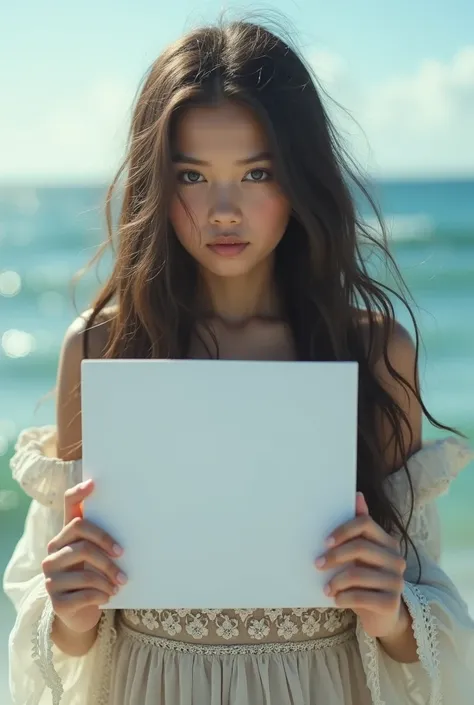 A beautiful girl with long wavy hair, wearing a bohemian dress, holding a white sign with the text "Jadore Seaart Infinity" and showing it to the viewer.