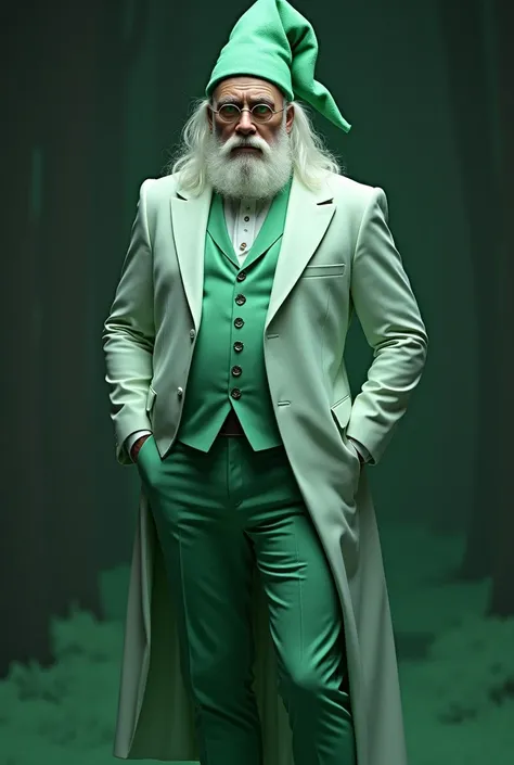 An albino man with long hair, with a robust body, green eyes, glasses, a mint green tuxedo, a green wizard hat 