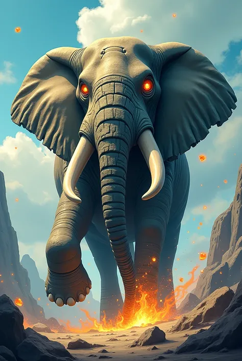 A mighty and large stone elephant,with flaming eyes,which forms an aura around itself and is feared wherever it goes..In cartoon style