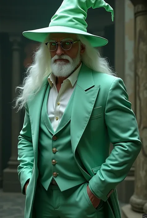 An albino man with long hair, with a robust body, green eyes, glasses, a mint green tuxedo, a green wizard hat 