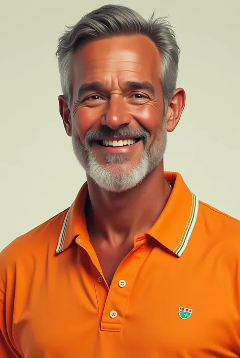 A man wearing an orange shirt, White and green 