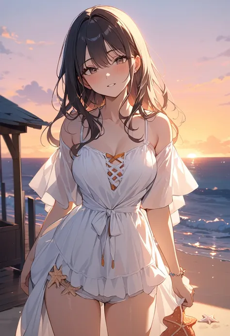 (masterpiece:1.2), (Best Quality:1.3), shallow_sunset, One girl, Standing, cowboy_shot, straw_Have, Swimwear, dress, Shorts, flower, Starfish, 