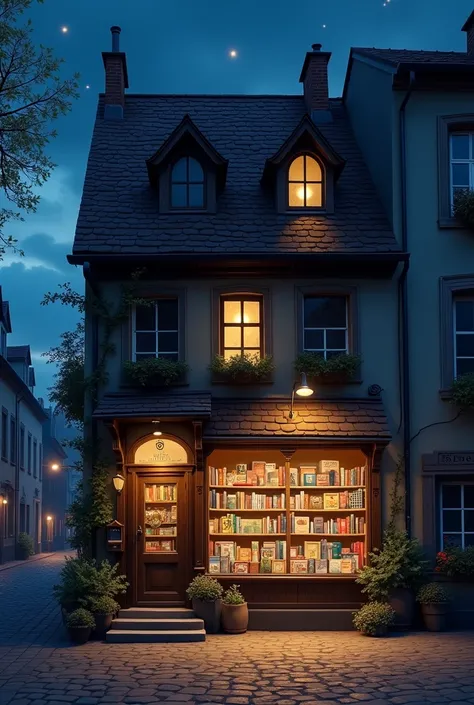 ""A charming, old-fashioned bookstore at twilight. The store is nestled in a cobblestone street in a European city. The warm glow of the lights inside illuminates the shelves filled with books, creating a cozy and inviting atmosphere. The exterior is made ...