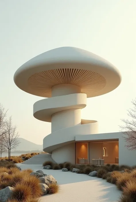 architectural design、Mushroom-shaped house、Simple design、spiral stage、