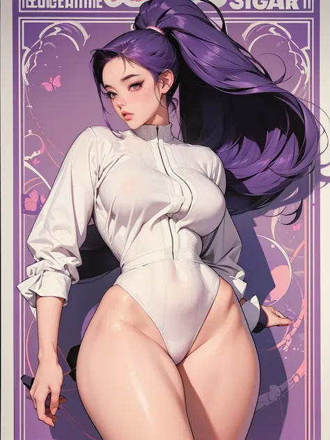 (best quality, masterpiece:1.2), illustration by hajime sorayama, perfect body, hyperfeminine curves, one woman, purple hair, ((very long ponytail)), pink eyes, curvy, ((thick)), high fashion, elegant, thigh high socks, solo