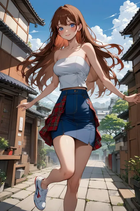 pretty woman dancing with smiling, she has long brown straight hair (red streaked hair), wearing red tartan plaid sleeveless shirt stacked over, white strapless, bright-blue denim cargo pencil skirt, white sneakers, ((masterpiece:1.2), (best quality:1.2), ...