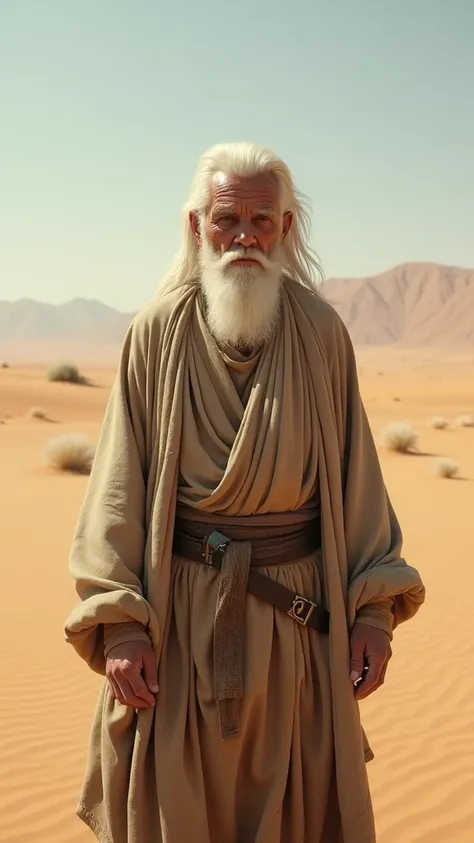 big.40 years. wise man face. White hair and beard in the desert