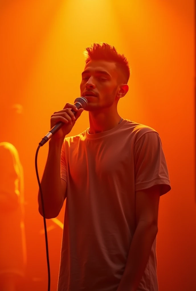 A young man with short hair sings into a microphone and looks straight at us , behind is a beautiful orange studio background 