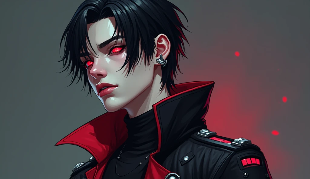 create a male pixart model  : Physical appearance:
face:
face fino e pálido, with porcelain skin and slightly cold, vampiric characteristic that contrasts with the metallic and cybernetic details of his world.
eyes: Deep, ruby red eyes that glow in dark en...