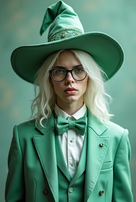 A 20-year-old albino man with long hair, with a robust body, green eyes, glasses, a mint green tuxedo, a green wizard hat 