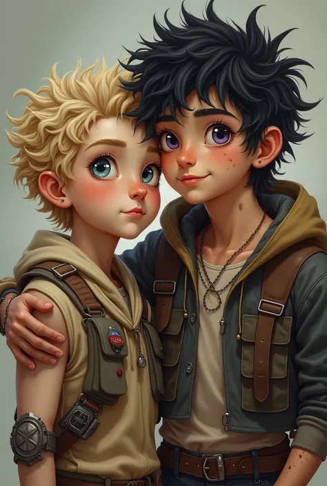 
*Create a portrait of two fantasy characters The first character is smaller, pale skin and clear blue eyes. And blonde curly hair. He has an amputated left arm and wears practical, adventurous clothing. The second character has chaotic, Black hair, almond...