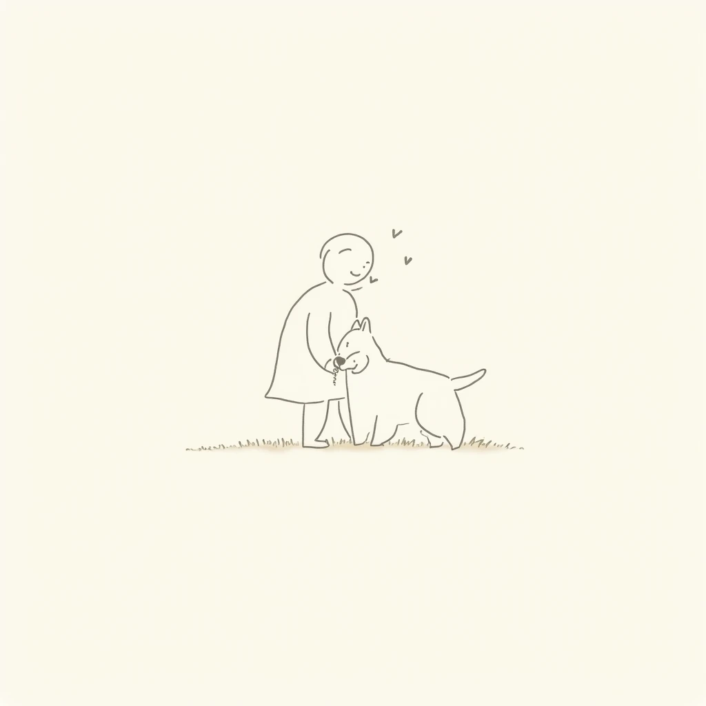 On a white background、Drawn with minimalist line drawings、little Rough sketch logo image of pet dog and owner]
Warm design
寄り添う、幸せ

