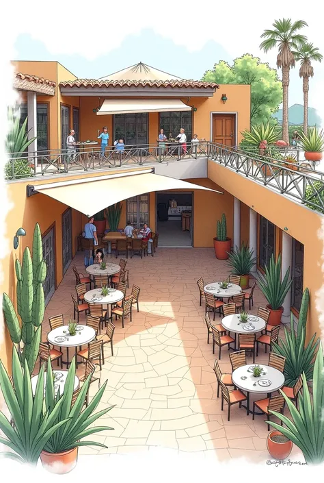 that is a sketch type to create an area of 100 square meters where half is outdoors for an event of 51 guests, where 5 of them are the directors and the other managers of the different areas ,The company suggests applying the theme of Mexico 