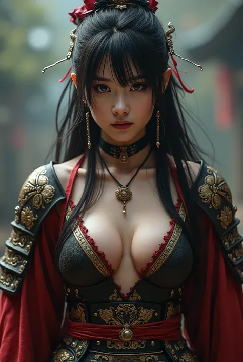 HdR, 8K, realistic, A ancient beautiful female japanese assassin. Fit sexy yoroi armor, medium breast, deep cleavage, looking seductively at viewer,