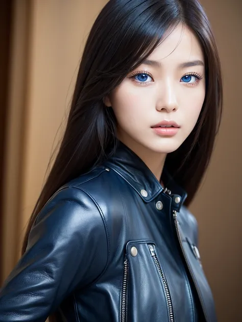 Asian girl from South Korea, Blue eyes, long hair, abundant hair, black hair, slim, beautiful, rockstar, textured leather, UHD, very detailed, quality, Details altos, HD model, Detail, The best quality, Awarded many times, anatomically correct, necessary, ...