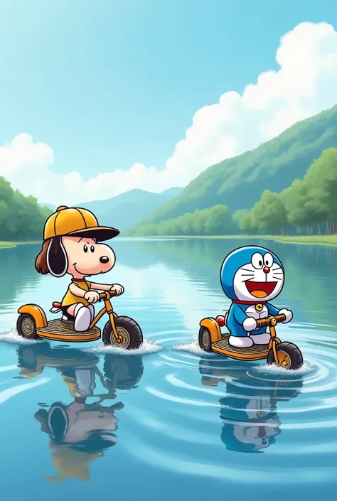 Snoopy Doraemon，Each drives a hydroelectric bicycle on the water