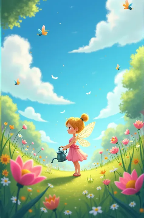 Start with a wide shot of a beautiful, magical fairyland. The sky is bright, the grass is lush, and flowers are blooming everywhere. Cute and colorful fairies are flying around, playing with their magical wands. In the middle of it all, show Tara — a small...