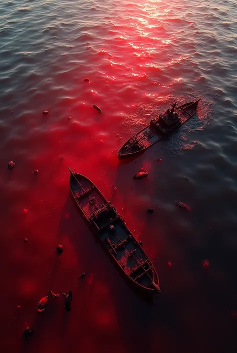 "A hyper-realistic close-up of the sea turning red as a third of it becomes blood. The water is deep crimson, symbolizing the catastrophic transformation. Sunken ships are visible in the background, partially submerged, with broken debris scattered on the ...