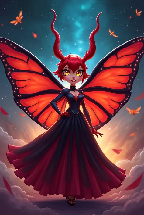 2D Cartoon art style, female overlord character, inspired by Hazbin Hotel, original character concept, Red Bella Moth attributes, wings adorned with striking red and black patterns, delicately detailed with vibrant orange accents, large expressive eyes wit...