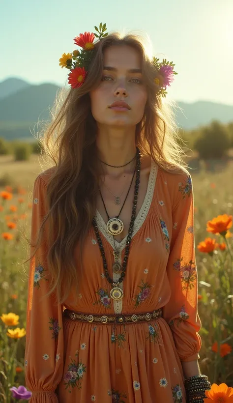 High-resolution photograph of a hippie woman with a melancholic and spiritual expression, spreading positive energy over the mountains of Nebraska. An authentic hippie look from the 60s and 70s. She has long, wavy hair, intertwined with flowers in shades o...