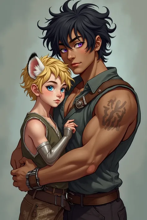 
*Create a portrait of two fantasy characters The first character is smaller, pale skin and clear blue eyes. And blonde curly hair. He has an amputated left arm and wears practical, adventurous clothing. Only his ears are, that of a white tiger. The second...