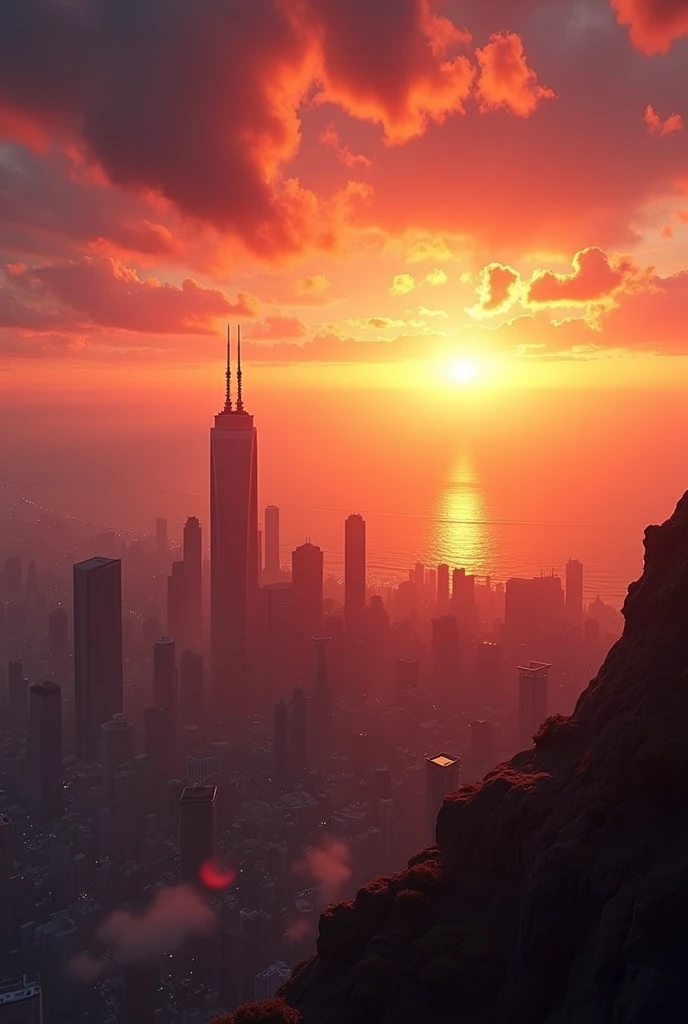 Sunset from very high building ((overlooking city buildings)) ((sunset upon sea)) ((unreal engine graphics)) high quality 