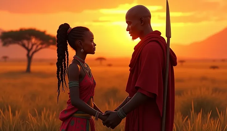 A Maasai warrior, tall and muscular, dressed in a red shuka, holding a spear. And a beautiful African brown girl with braided hair  and tied  a Pony tail with traditional beaded necklaces and colorful robes meet in a hidden spot, with tall grass surroundin...