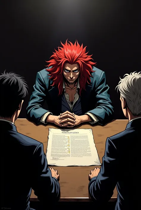 Drawing of one piece. Mysterious discussion of Red Shanks with 2 people whose identity is not clearly seen on a table where there is a contract on it.