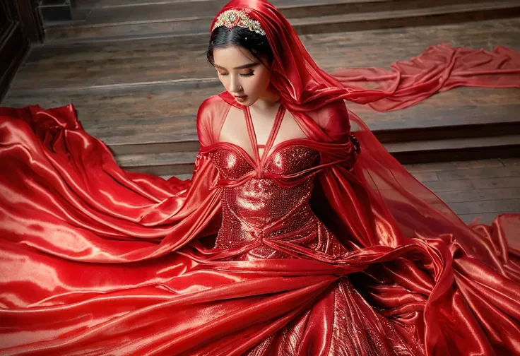 woman shrouded in a 10-meter-long, plush semi transparent red satin shimmer cloth, tightly bound and grandly draping along the form of her body, flowing off into a pooled floor-length train, styled in a mermaid-inspired outfit, her head modestly veiled in ...