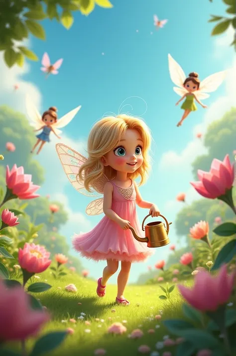 Scene Prompt: Start with a wide shot of a beautiful, magical fairyland. The sky is bright, the grass is lush, and flowers are blooming everywhere. Cute and colorful fairies are flying around, playing with their magical wands. In the middle of it all, show ...