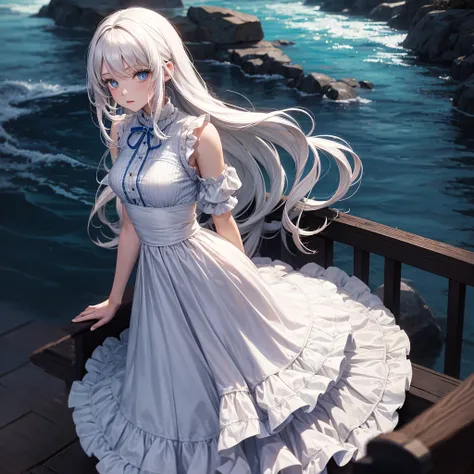 Girl with long white hair with waves, blue eyes and small waist Casual dress