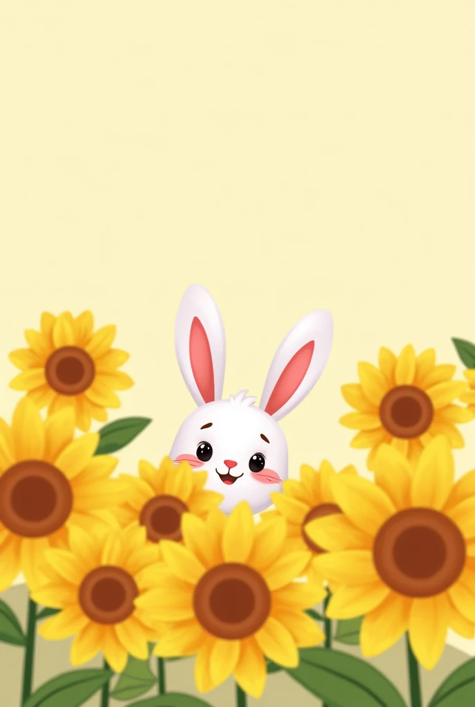 Cartoon bunny peering from behind a bouquet of bright yellow sunflowers in a simple, charming illustration on a soft beige background.