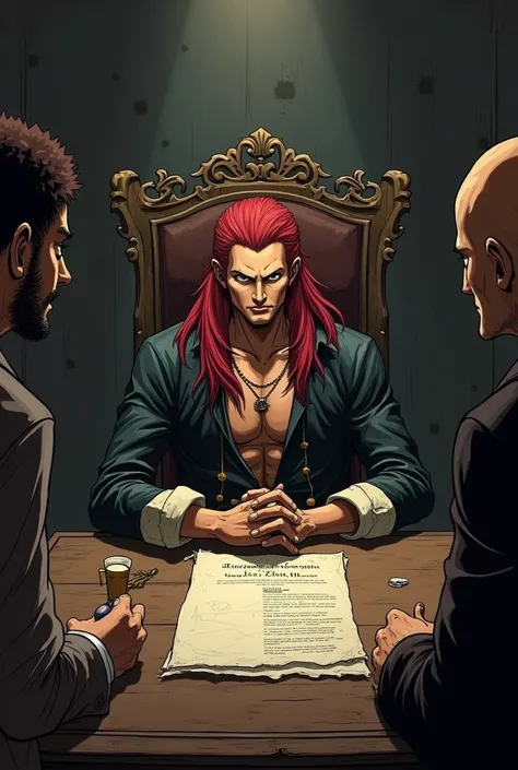 Drawing of one piece. Mysterious pirate Shanks the Redhead discussion with 2 people whose identity is not clearly seen on a table where there is a contract on it.