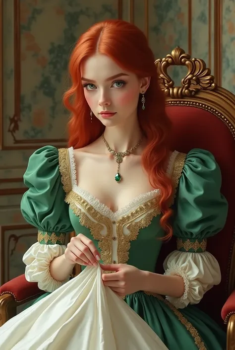 you red haired woman, with green eyes fair skin, wearing a long dark green dress, velvet with puffed sleeves and gold details, is sitting on a wooden chair, sewing a wedding dress.

Her age is that of a  girl, the dress she wears is in the 19th century Vic...