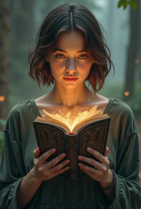 A twenty-two girl with Butterfly Cut brown hair, with brown eyes, in her hands she has the book "Game Of Gods. Discesa agli inferi."