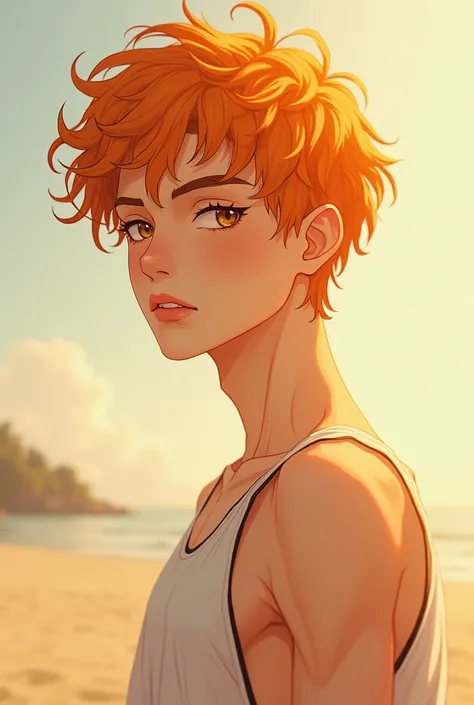 Man with a slender and delicate figure.
Soft tan skin color Orange hair with curls,Wolf cut style Light hazel eye color.
Medium-thick lips painted in a light peach Loose Y2K clothing style.
MeinaHentai anime art style