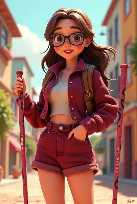 Pixar style image, woman long brown hair parted to the side brown eyes wears black glasses wears sneakers red lipstick short burgundy corduroy jacket and burgundy corduroy shorts with a high waist wears light pink Canadian walking sticks full body photo 