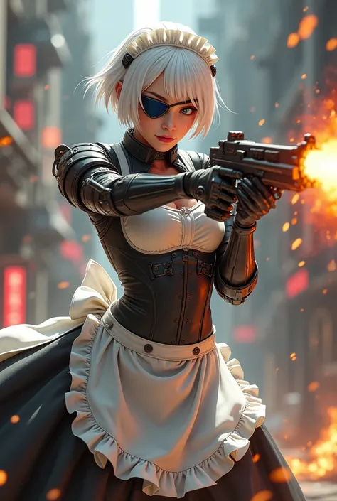 Beautiful cyborg female soldier wearing maid clothes、Short white hair、muscular、Six Pack Abs、(Maid clothes:1.8)、(White ruffled apron:1.4)、Facial blemishes、Eye patch、（Engage in a gunfight with space gangsters:1.55）、Smirking expression、Dynamic configuration、d...