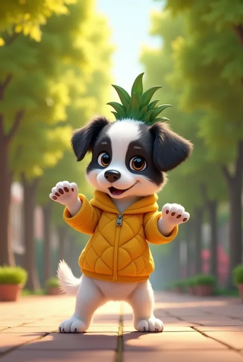 A white and black dog, very cute, realistic well detailed in Pixar Disney style, cartoon, dressed in a pineapple figure jacket, is standing on two extended legs, showing the outstretched back paws and open front paws up, as if to dance, in the middle of a ...