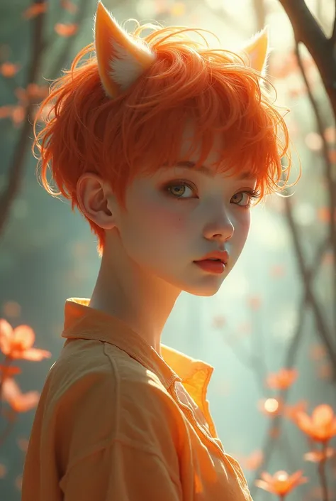 Man with a slender and delicate figure.
Tanned skin color Orange hair with curls,Wolf cut style Light hazel eye color.
Medium-thick lips painted in a light peach Loose Y2K clothing style.
MeinaHentai anime art style