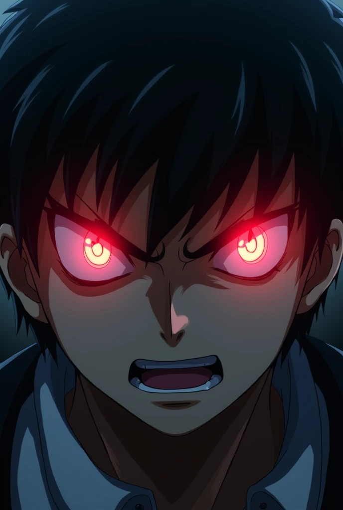 anime guy close up shot of face angry look with cool lighting effects, guy has glowing eyes and overall dark scenery