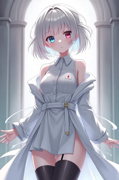 anime girl, white hair with grey gradient, Front strands longer than those in the back, Short Layered Back, fringe covering his forehead, white and soft skin, eyes of different colors, The left one is blue with a light blue gradient, the right is red with ...