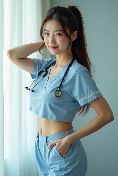 ((Realistic portrait photo)) High-quality Realistic of thai woman, Beautiful girl (((large breast , big breast , nsfw))) , Best Quality, 20 years old thai girl with long brown hair, Beautiful thai teen in a nurse uniform ((hold a stethoscope , large breast...